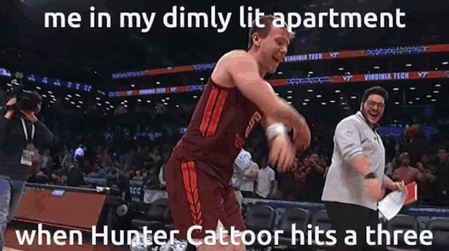 a man in a virginia tech jersey is dancing on the court during a basketball game