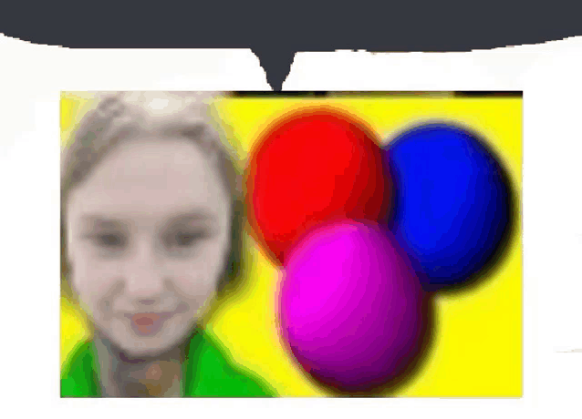 a blurry picture of a girl and balloons with a speech bubble