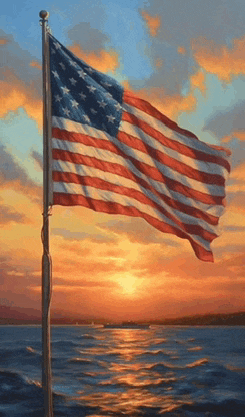 an american flag is flying over a body of water