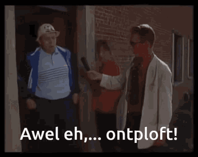 a group of people standing in front of a brick building with the words awel eh ontploft