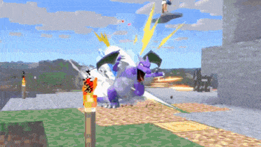 a video game scene with a purple dragon being struck