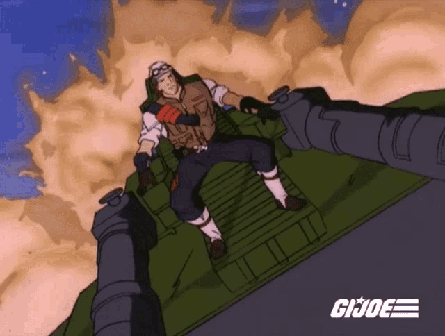 a cartoon of a man sitting on a tank with the word gi joe on the bottom right