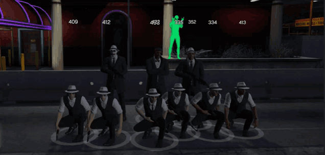 a group of men in suits and hats are squatting in circles in front of a building with the numbers 409 412 and 413