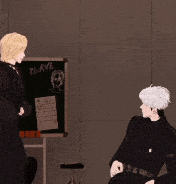 two anime characters are standing next to each other in a room