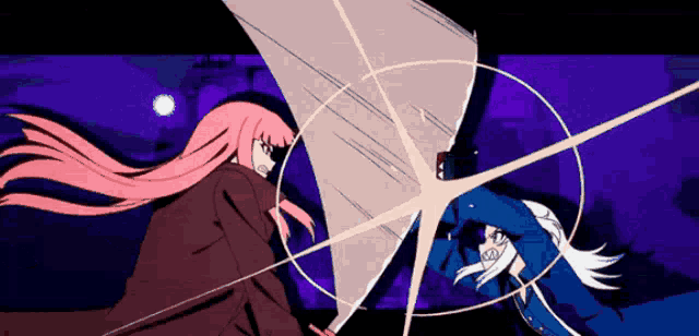 two anime characters are fighting each other in a purple background