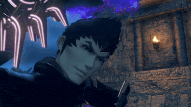 a man in a video game is standing in front of a wall with a torch on it