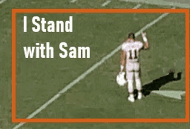 a football player stands on the field with the words i stand with sam above him