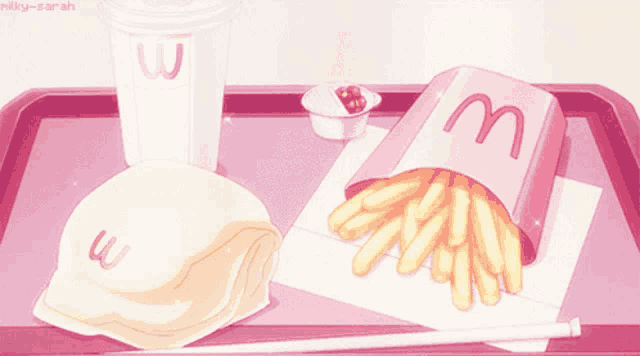 a pink mcdonald 's tray with french fries and a hamburger