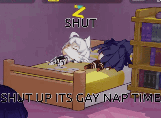 a cartoon of a girl sleeping on a bed with the words shut up its gay nap time