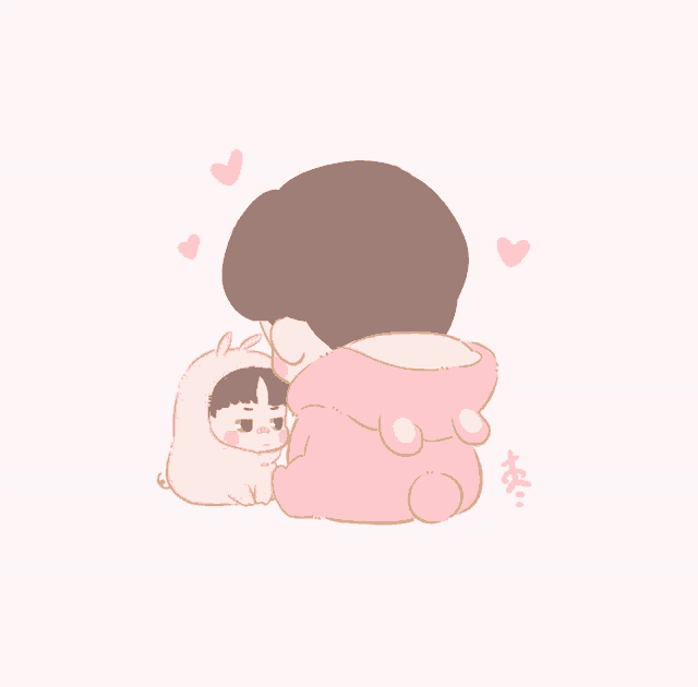 a cartoon drawing of a person holding a stuffed animal with hearts around them
