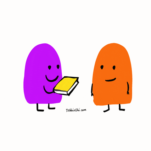 a cartoon of a purple and orange character holding a book with the website debbiechi.com at the bottom