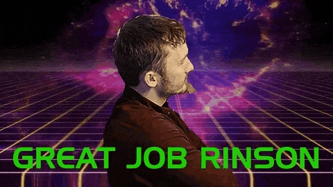 a man with his arms crossed is standing in front of a purple background with the words `` great job rinson ''