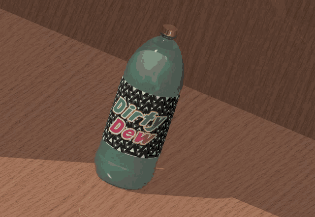 a bottle of dirty dew is sitting on a wooden table