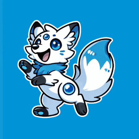 a cartoon drawing of a white and blue fox on a blue background