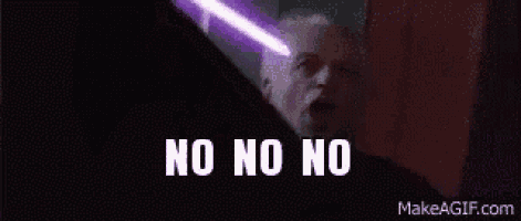 a man is holding a purple light saber and says no no no