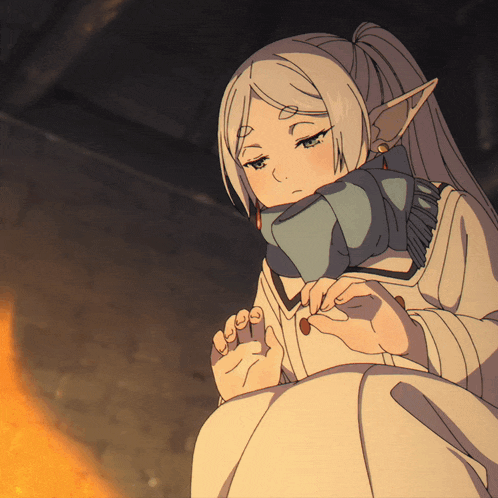 a drawing of a girl with a scarf around her neck sitting in front of a fire