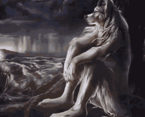 a painting of a wolf with long hair sitting on a rock