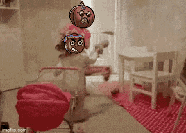 a cartoon character is sitting in a chair in a room with a stroller