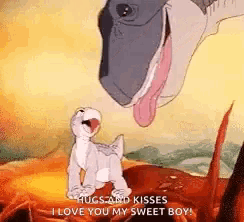 a cartoon of a dinosaur giving a hug and kisses to another dinosaur .