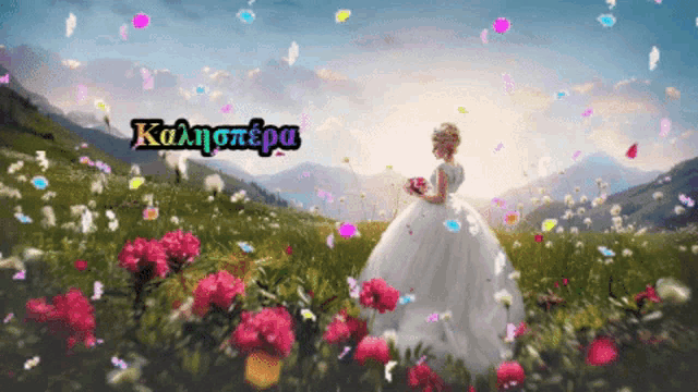 a woman in a white dress is standing in a field of flowers with the words " καλησπερα " written above her