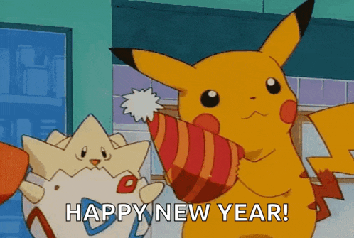 pikachu is wearing a party hat and wishing a happy new year to another pokemon .