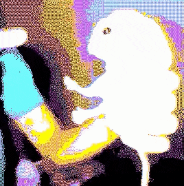 a pixel art of a person holding a flower with a bee on it