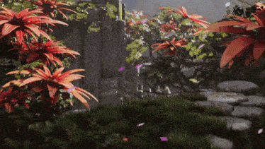 a lush green forest with red flowers and purple petals falling
