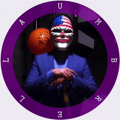 a man wearing a clown mask is in a purple circle with the letters u and m on it