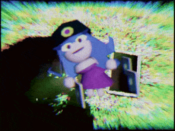 a cartoon character with a purple dress and a black hat with a yellow circle on it