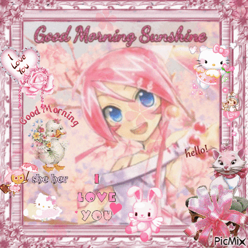 a picture of a girl with pink hair and the words good morning sunshine on it