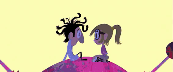a cartoon of a boy and a girl kissing on a purple planet .