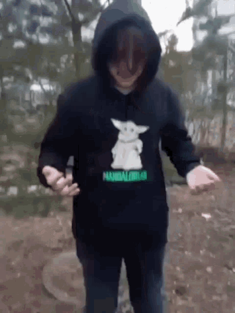 a person wearing a hoodie with a baby yoda on it is standing in the dirt .