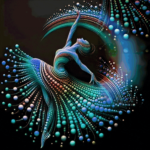 a painting of a woman dancing with a rainbow of dots