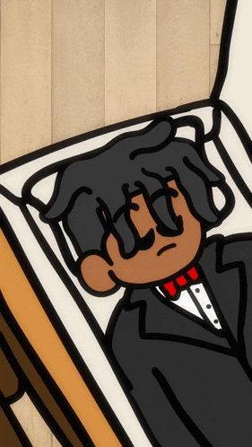 a cartoon drawing of a man in a tuxedo and bow tie laying in a coffin