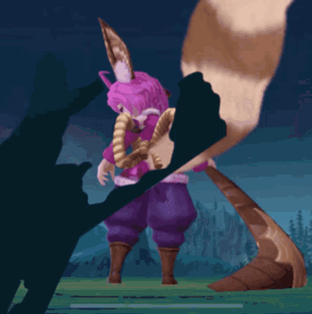 a cartoon character with pink hair and purple pants is holding a large brush
