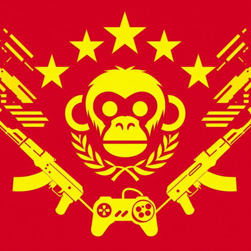 a yellow monkey is surrounded by two guns and a game controller