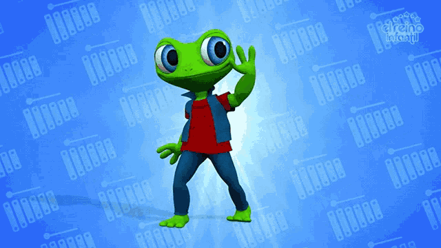 a cartoon frog is standing in front of a blue background with a pattern of numbers and letters including the letters ii