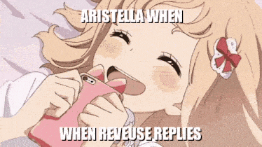 a cartoon of a girl laying on a bed with the words `` aristella when when revenge replies '' .