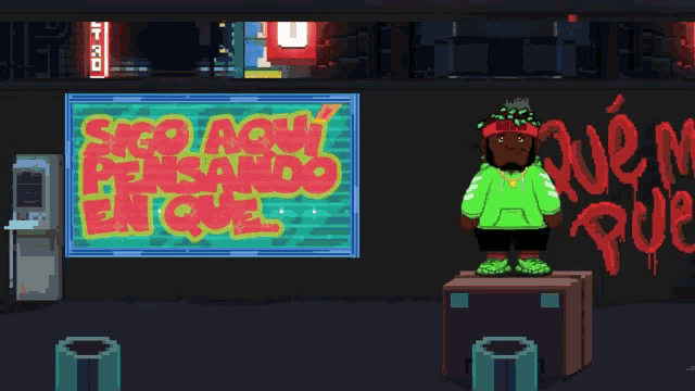 a pixel art drawing of a man standing in front of a sign that says sigo aqui pensando en que