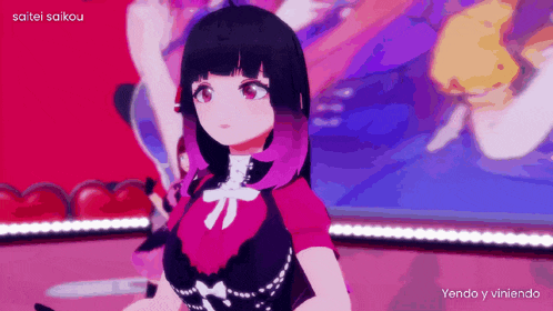 a girl with black hair and pink highlights is standing in front of a sign that says saitei saikou