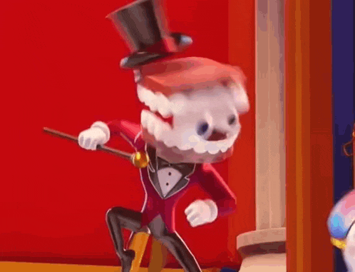 a cartoon character wearing a top hat and a tuxedo is standing in front of a red curtain .