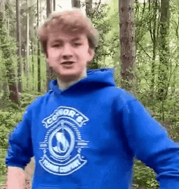 a man in a blue hoodie is standing in the woods .