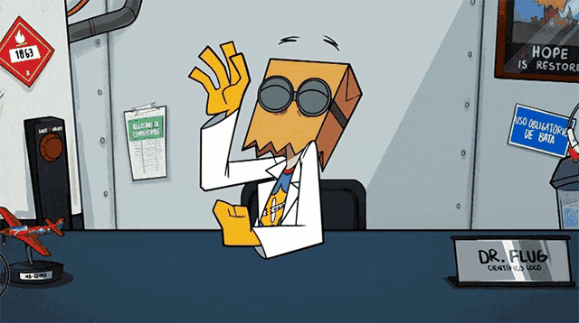 a cartoon of a man with a paper bag on his head and a name plate that says dr. fluke