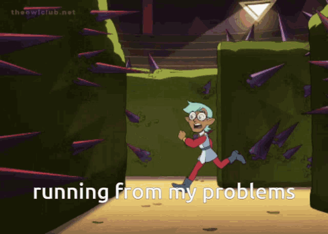 a cartoon character with the words running from my problems