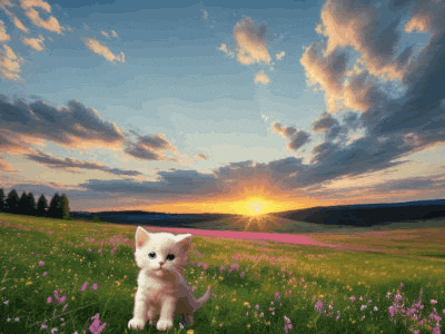 a white kitten is sitting in a field of flowers with the sun setting in the background