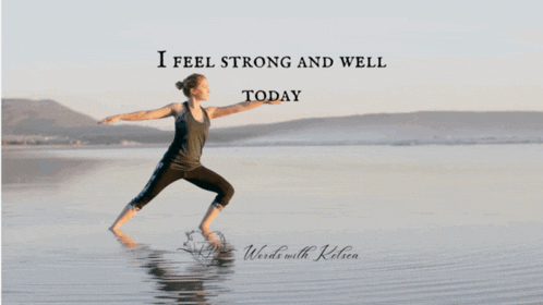 a woman is doing yoga on the beach with the words i feel strong and well today below her