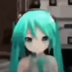 a close up of a cartoon character with green hair and headphones .