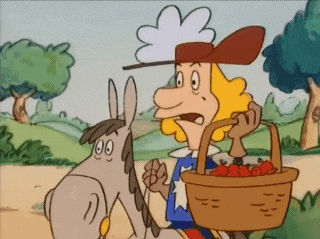 a cartoon of a man riding a donkey with a basket of apples