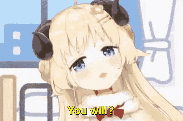 a cute anime girl with horns is asking if she will .
