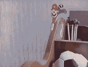 a pixelated drawing of a soccer ball and a purse on a shelf
